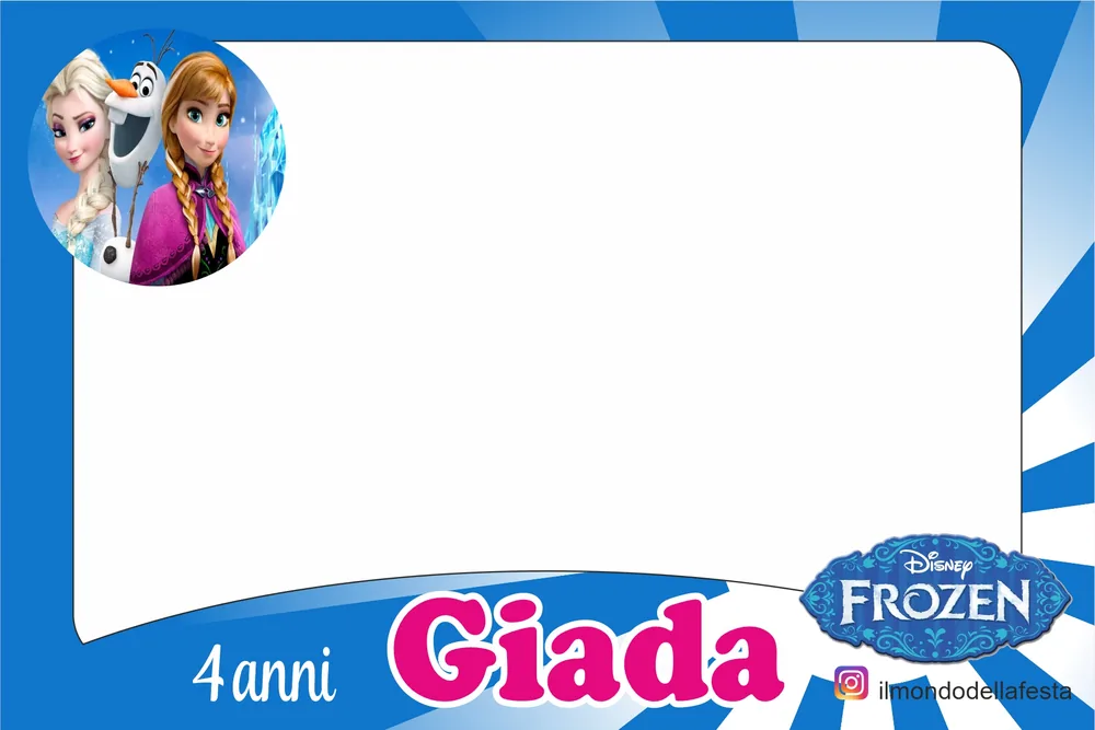 Cornice azzurra a raggi per il quarto compleanno di Giada, con lo spazio bianco al centro dove va la foto